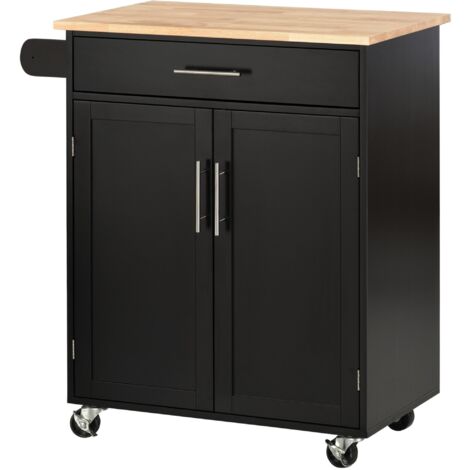 Carrello da Cucina 83x45x91,5 cm con Cassetto e Armadietto 2 Ante Ruote e Barra Laterale Nero
