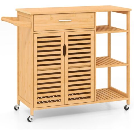 Carrello da cucina 90 cm per sala da pranzo e soggiorno, Barra per asciugamani e armadio con 2 porte Naturale