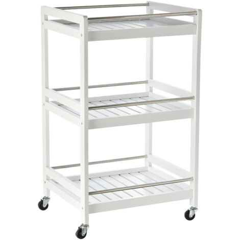Carrello da cucina a 3 ripiani con barre in acciaio e 4 ruote universali, organizer per soggiorno, colore bianco