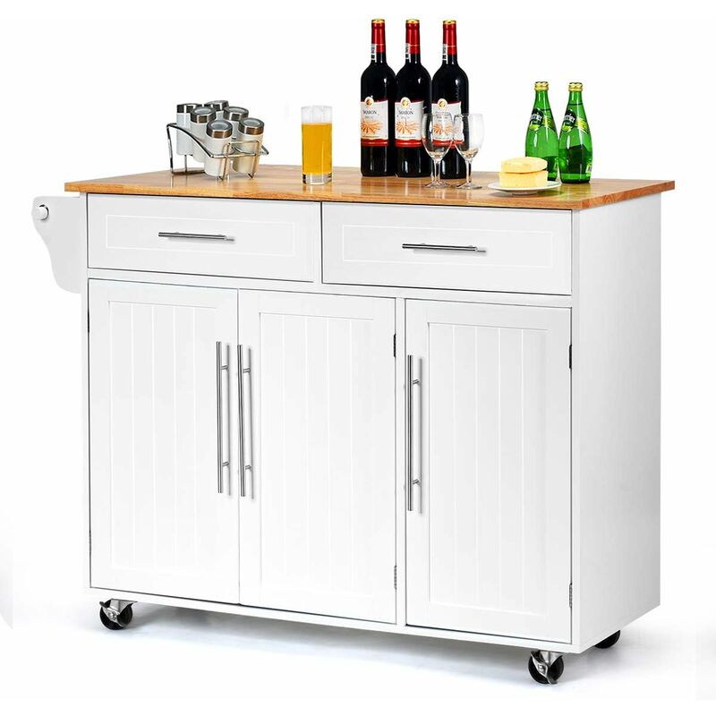 Costway - Carrello da Cucina, Carrello di Servizio con Ruote e Maniglia, 3 Ante e 2 Cassetti, Ideale per Cucina Ristorante Bar, 122x46x92,3 cm, Bianco