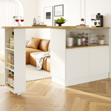 Carrello da cucina, bancone girevole con ripiani e vetro, bianco, 90x45x100 cm