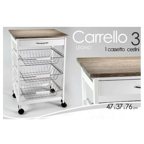 Carrello da cucina bianco con cesti e rotelle cm 47 x 37 x 76 h