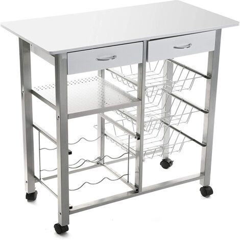 Carrello da Cucina bianco in Legno e Acciaio Piano di Lavoro 76x40 2 Cassetti 3 Cestini Porta Frutta Cantinetta 6 porta bottiglie e 4 Ruote