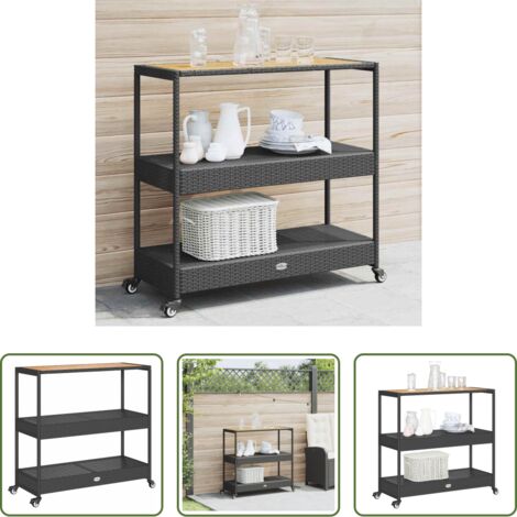 Carrello da cucina -  Carrello da Bar 3 Livelli Nero in Polyrattan e Legno Acacia