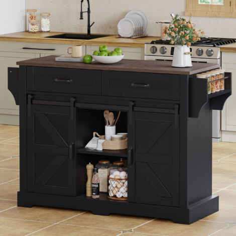 Carrello da Cucina con 2 Ante Scorrevoli, 2 Cassetti, Piano Ribaltabile e Ripiani Regolabili in MDF 120x45x91 cm Nero