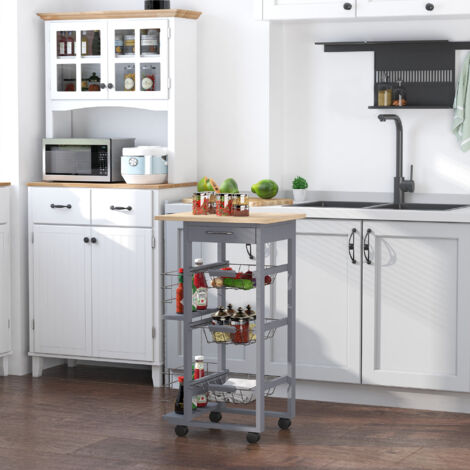 Carrello da Cucina con 3 Cassetti Estraibili, un Cassetto e 2 Portabottiglie, Carrello Portaoggetti in Legno di Pino e Metallo, 47x37x83 cm, color Rovere e Grigio