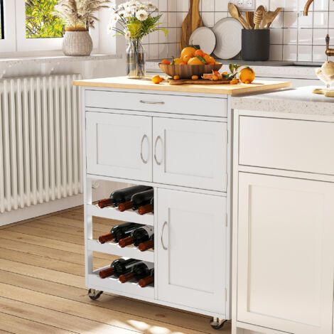Carrello da Cucina con 9 Portabottiglie, 3 Ante, 4 Ruote e Cassetto, Mobiletto Cucina Salvaspazio con Piano in Legno di Gomma, per Soggiorno, 67x37x87 cm, Bianco e Rovere