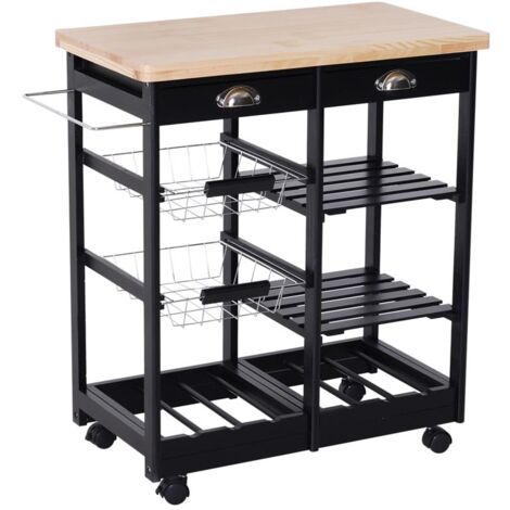 CARRELLO DA CUCINA CON CASSETTI E PORTABOTTIGLIA VINO LEGNO E NERO
