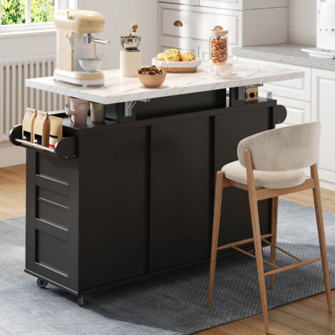 Carrello da cucina con LED, 2 ante e 3 cassetti, in nero, 138x60x93 cm