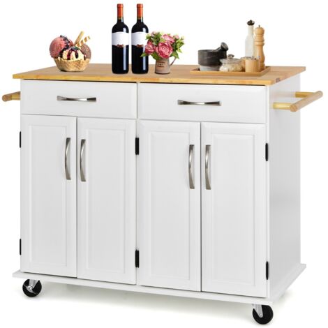 Carrello da cucina con piano di lavoro in legno di gomma 4 ante ripiani regolabili, Carrello porta utensili Bianco