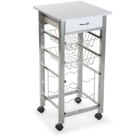 Carrello da Cucina con Piano Lavoro bianco Cassetto Ripiano e Porta Bottiglie Carrello 4 ruoteMultifunzionale in Legno e Metallo