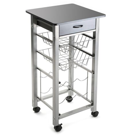 Carrello da Cucina con Piano Lavoro grigio Cassetto Ripiano e Porta Bottiglie Carrello 4 ruoteMultifunzionale in Legno e Metallo