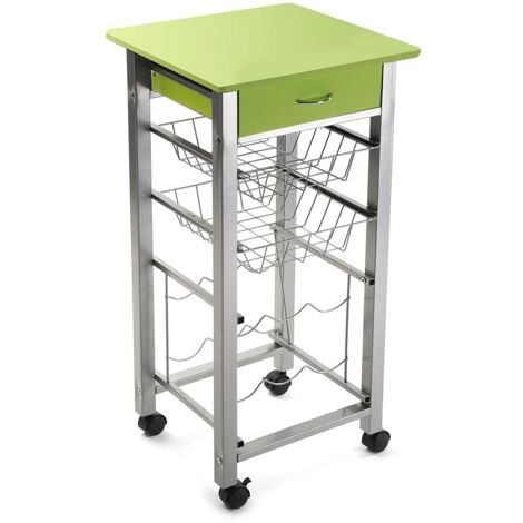 Carrello da Cucina con Piano Lavoro Verde Cassetto Ripiano e Porta Bottiglie Carrello 4 ruoteMultifunzionale in Legno e Metallo