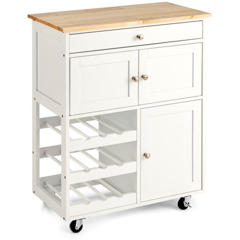 Carrello da cucina con portabottiglie a 3 livelli e cassetto, Isola da cucina con superficie in legno Bianco