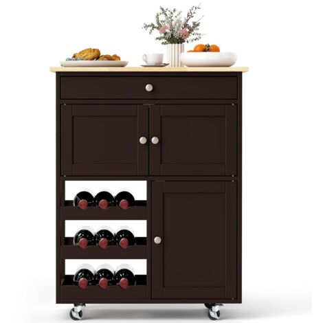 Carrello da cucina con portabottiglie a 3 livelli e cassetto, Isola da cucina con superficie in legno Marrone