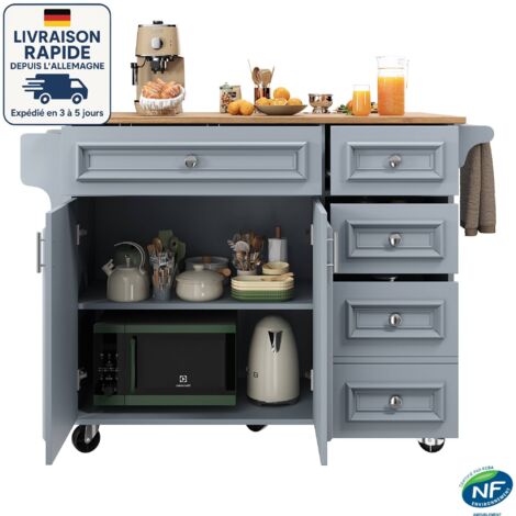 Carrello da cucina con portaspezie e portasciugamani - 110×45-75×92cm - Con 5 cassetti, 2 ante - Scandinavo - Legno certificato PEFC - Linee pulite - Blu