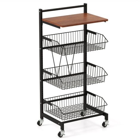 Carrello da cucina con ruote a 4 piani con piano in legno, Carrello con cestini regolabili in altezza e rimovibili