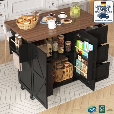 Carrello da cucina con ruote, piano pieghevole, MDF, nero, 140x45x92,5 cm, 2 ante, 3 cassetti