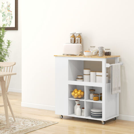 Carrello da Cucina con Ruote, Ripiani Regolabili e Portacoltelli, Isola Cucina con Piano di Lavoro in Legno di Caucciù e Portasciugamani, per Cucina e Soggiorno, 86.5x47x88 cm, Bianco