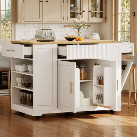 Carrello da cucina, credenza a 2 ante e 3 cassetti, ripiani regolabili, area raccolta rifiuti, MDF, 120×50x92 cm, bianco