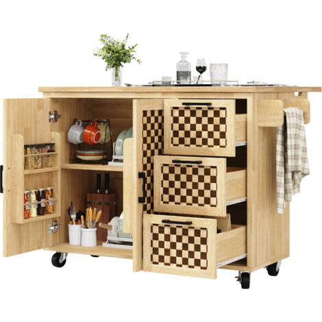 Carrello da Cucina Estensibile 120x45-75x92 cm, con 2 Ante e 3 Cassetti, Motivo Scacchiera, con Ruote, MDF, Naturale