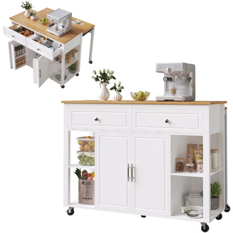 Carrello da Cucina Estensibile 120x50-81.5x92 cm, con 2 Ante e 2 Cassetti, Ampio Spazio, con Ruote, MDF, Bianco, per Sala e Pranzo