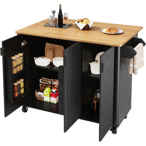 Carrello da Cucina Estensibile 130x45-75x92 cm, con Ruote e Portasciugamani, Porta Spezie e 3 Ante, MDF, Nero