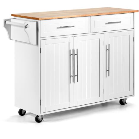 Carrello da cucina in legno con 2 cassetti e maniglia, Armadietto da cucina con ruote 122x45,5x92,5cm Bianco