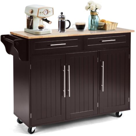 Carrello da cucina in legno con 2 cassetti e maniglia, Armadietto da cucina con ruote 122x45,5x92,5cm Marrone