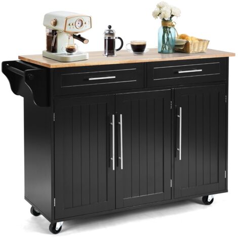 Carrello da cucina in legno con 2 cassetti e maniglia, Armadietto da cucina con ruote 122x45,5x92,5cm Nero