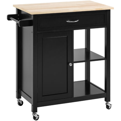 Carrello da cucina in legno con cassetto, armadietto e ripiani, carrello per alimenti con ruote, 83x45x88 cm, nero