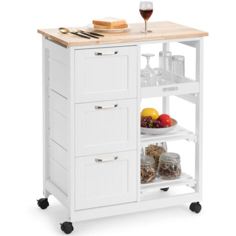 Carrello da cucina in legno di gomma, Carrellino con vassoio 2 mensole e 3 cassetti, Bianco
