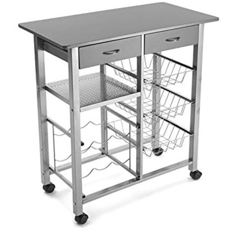 Carrello da Cucina in Legno e Acciaio Piano di Lavoro Grigio 76x40 2 Cassetti 3 Cestini Porta Frutta Verdure Cantinetta 6 porta bottiglie e 4 Ruote