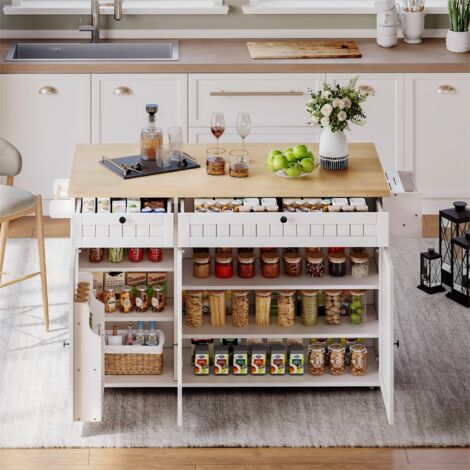 Carrello da cucina - Isola da cucina 137 x 89,5 x 45 cm con piano ribaltabile, spazio di archiviazione completo, MDF, su ruote - naturale e bianco