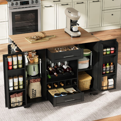 Carrello da cucina - Isola da cucina su ruote 138 x 45 (70) x 92 cm, isola su ruote con piano ribaltabile, portabottiglie, MDF nero/naturale