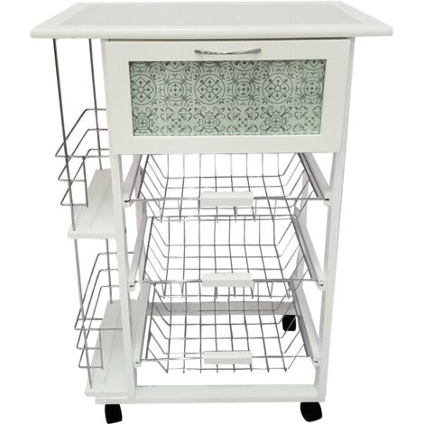 Carrello da Cucina Laval con 3 Cesti in Mdf 57x37cm-H83cm Bianco-Grigio