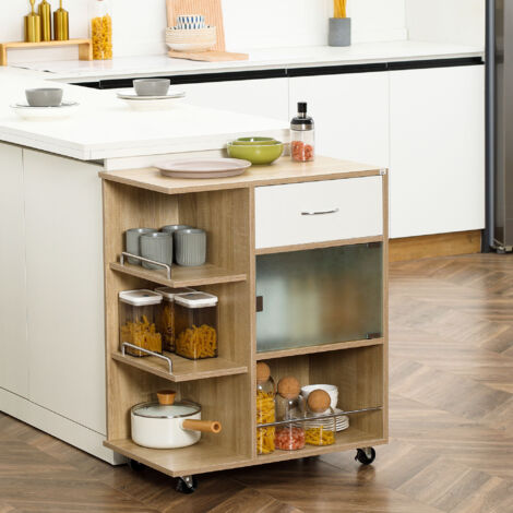 Carrello da Cucina Moderno con Cassetto, Ripiani e Armadietto, Isola per Cucina Portavivande in Legno, Acciaio e Vetro, 65x39x80cm