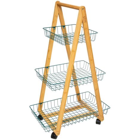 Carrello da cucina moderno in bamboo tre ripiani Petrolio con ruote 54,5x35,5x h88 cm