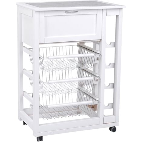 CARRELLO DA CUCINA IN LEGNO BIANCO STILE SHABBY CHIC PORTA FRUTTA VERDURA  3CESTI