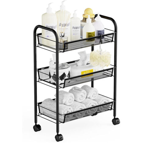 Carrello da cucina portatile multifunzione a 3 ripiani, per bagno, cucina e lavanderia, in metallo antiruggine, cestino a rete traspirante e gancio laterale incluso, facile da montare - Nero
