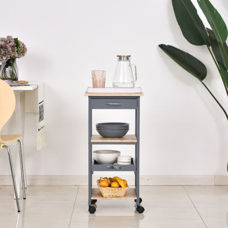 Carrello da Cucina Portavivande con Cassetto, 2 Ripiani e Vassoio Estraibile, Isola da Cucina in Legno 37x37x76cm, Grigio
