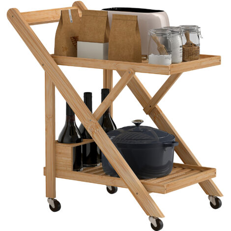 Carrello da Cucina Portavivande Pieghevole 66x40x70 cm a 2 Livelli con Portabottiglie in Legno di Bambù