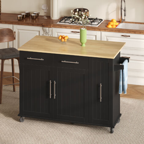 Carrello da cucina ripiani regolabili 3 livelli organizzazione interna piano ribaltabile porta asciugamani 2 cassetti pannello MDF Nero e naturale