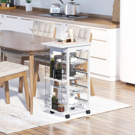 Carrello da Cucina Salvaspazio in Legno Bianco, Portavivande con 1 Piano di Lavoro 1 Cassetto e 4 Cestelli Metallici, 47x37x83cm