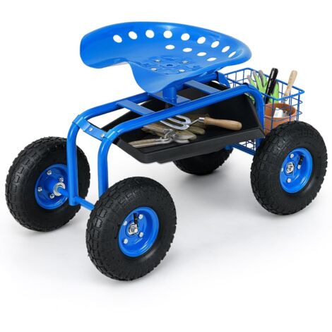 Carrello da giardino regolabile in altezza, carrello da giardino con seduta girevole a 360°, cesto portaoggetti imbottito, portata 150 kg, blu