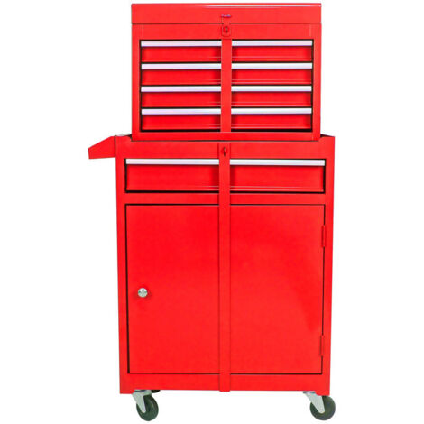 Carrello da officina 2 in 1 smontabile - H102 cm - 5 cassetti e armadio a doppia anta con ripiano regolabile - Acciaio - Rosso