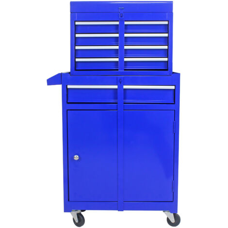 Carrello da officina 2 in 1 smontabile - H102 cm - 5 cassetti e mobile a doppia anta con ripiano regolabile - Acciaio - Blu