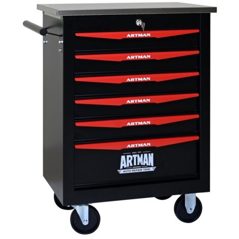 Carrello da officina con ruote - L62,5 x H78 x P34,5 cm - 6 cassetti scorrevoli e chiudibili a chiave - Acciaio robusto - Nero e rosso