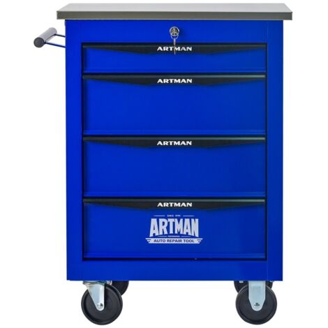 Carrello da officina con ruote - L62,5xH78xP34,5 cm - 4 cassetti scorrevoli e chiudibili a chiave - Acciaio robusto - Nero e blu