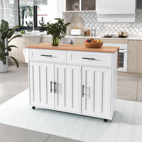 Carrello da pranzo grande/credenza 129 x 46 (71) x 91,5 cm, piano di lavoro con venature del legno massiccio + armadietto bianco/piano di lavoro pieghevole/design della porta di stoccaggio/ruote/gambe